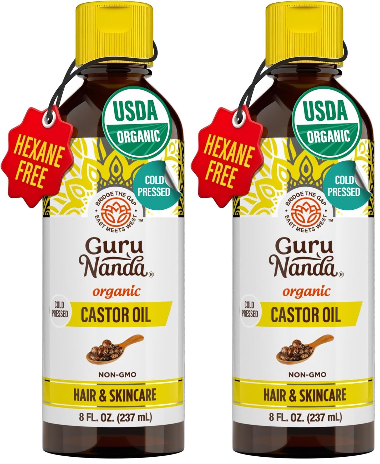 GuruNanda Castor Oil Organic USDA Certified (8 Fl oz) - 100% Pure & Natural, Cold Pressed & Hexane-Free, Hydrating Carrier Oil for Skin, Hair, Eyebrows & Eyelashes Growth (Pack of 2)