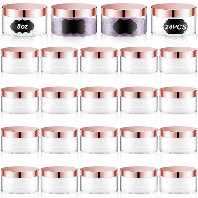Dandat 24 Pcs Plastic Jars with Lid and Label PET Cosmetic Containers Leak Proof Empty Cosmetic Jars Refillable Storage Travel Jars for Lotion Cream Gel Powder Ointment(Clear with Rose Gold Lid,8 oz)