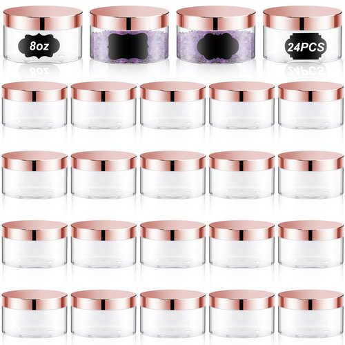 Dandat 24 Pcs Plastic Jars with Lid and Label PET Cosmetic Containers Leak Proof Empty Cosmetic Jars Refillable Storage Travel Jars for Lotion Cream Gel Powder Ointment(Clear with Rose Gold Lid,8 oz)