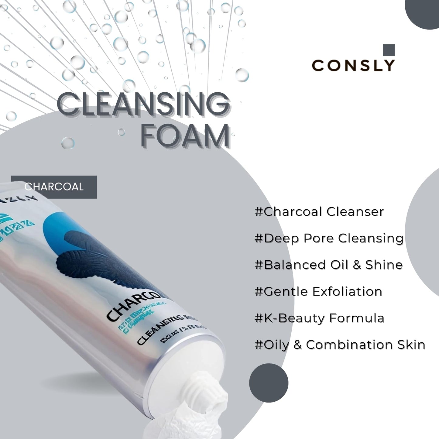 CONSLY Charcoal Face Wash – Pore Cleanser for Oily & Combination Skin, Helps Reduce Blackhead Appearance, Oil Control, Gentle Exfoliating Foam, Korean Skincare 100ml