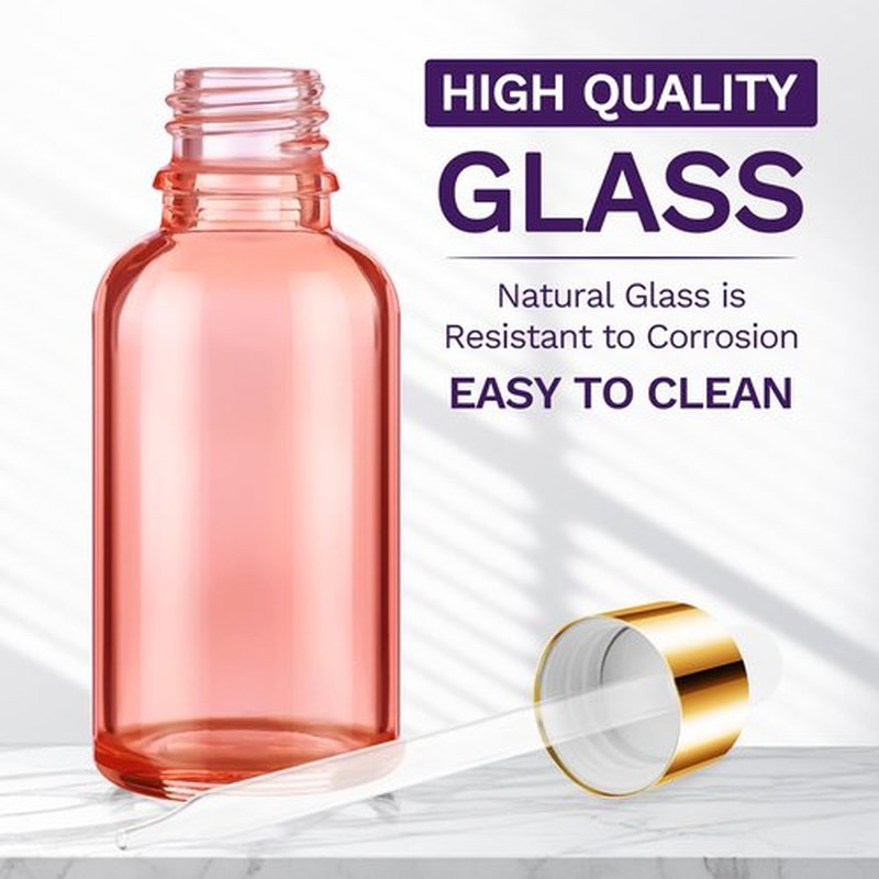 Bumobum Dropper Bottle 1 oz, 5 Pack Pink Glass Eye Dropper Bottles with Golden Lid for Essential Oils with 2 Measured Dropper 1 Funnel, 1 Pipette, 8 Labels, 30ml Leakproof Oil Dropper Bottle