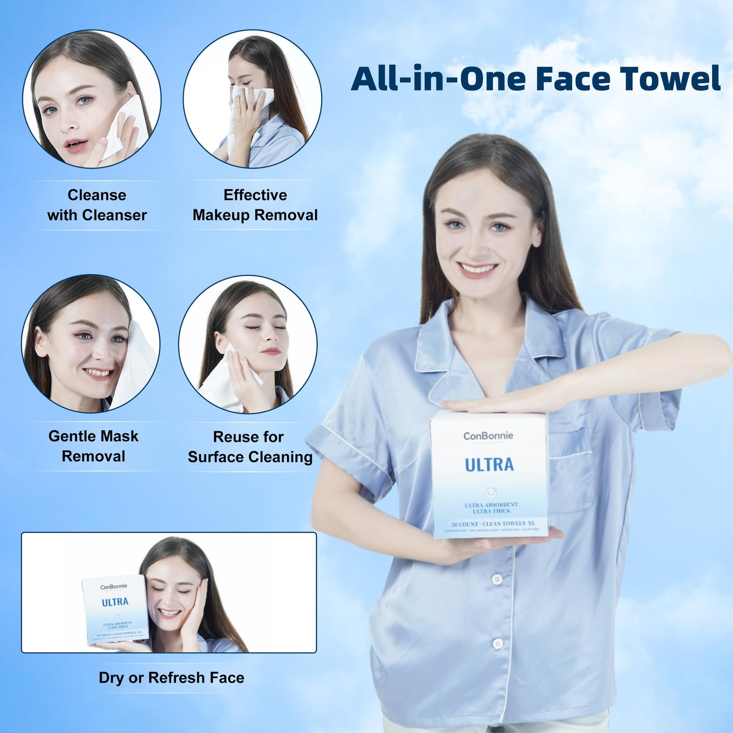 Conbonnie Clean Face Towels XL, Thickened Design, 10"×12" Biobased Facial Towels, Disposable Face Towelette, Makeup Remover Dry Wipes for Skin Care, Clean Skin, 100 Count (2 Pack)