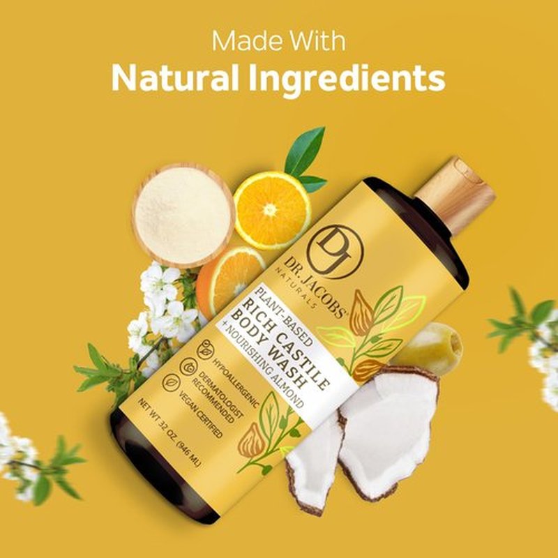 DR. JACOBS NATURALS Castile Almond All-Natural Body Wash for Moisturizing Dry and Sensitive Skin Shampoo with Plant-Based Ingredients Gluten, Preservatives-Free Formula - 32 oz, Pack of 2
