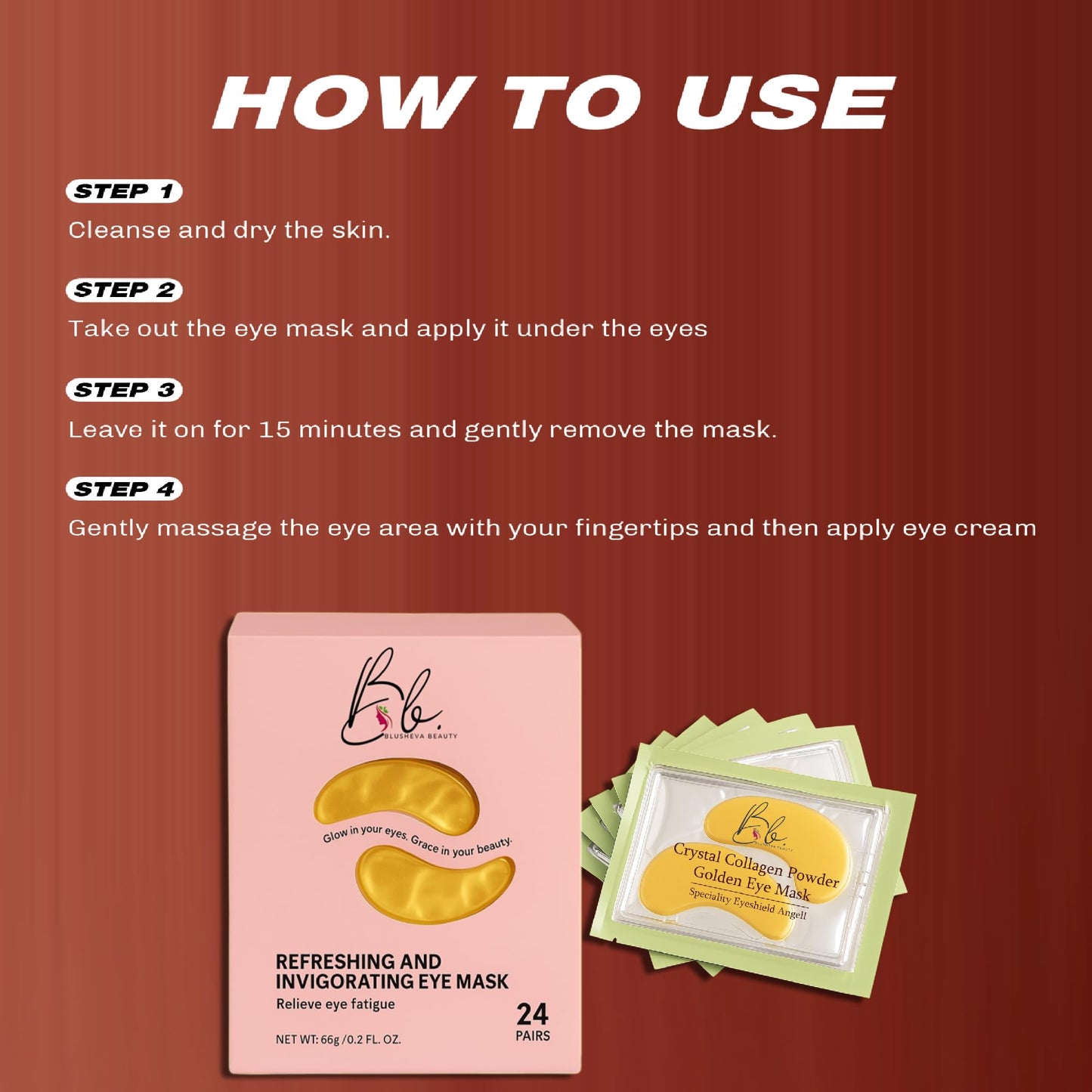 Blusheva Beauty Gold Under Eye Mask 24 Pairs, Collagen Eye Patches, Undereye Mask Patches Eye Masks for Dark Circles and Puffiness, Eye Patches for Puffy Eyes and Dark Circles, Vegan Cruelty Free