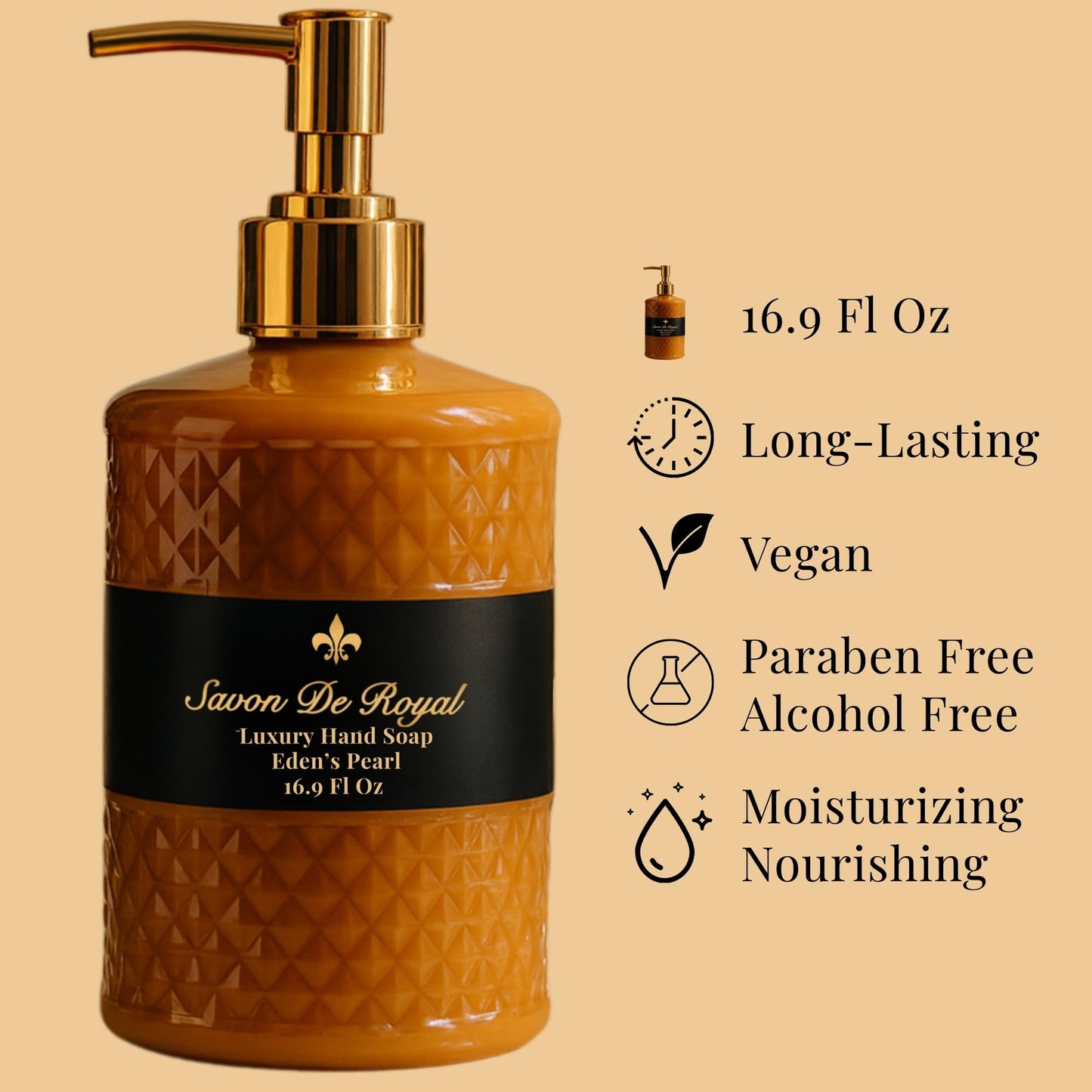 Savon De Royal Luxury Liquid Hand Soap, Jasmine Scent, Moisturizing Vegan Kitchen & Bathroom Soap for Hand Wash, Gentle & Nourishing Formula, Refillable Bottle 16.9 Fl Oz, Eden's Pearl