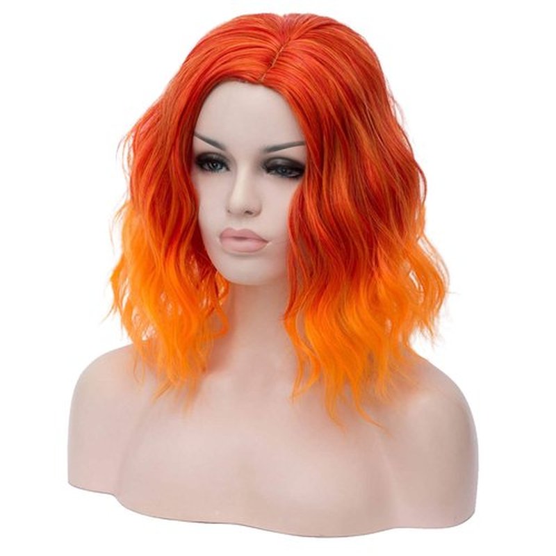 MAGQOO Orange Wig Flame Fire Wig Side Part Neon Orange Wig Women Girls Short Curly Wavy Orange Ombre Wigs Synthetic Cosplay Costume Wigs