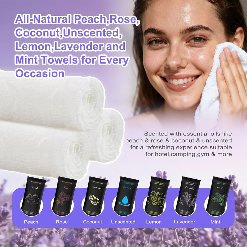 Moist Cotton Towels - Individually Wrapped Refreshing Towelettes | 8.7" x 8.7", Lavender Lemon Mint, Unscented Peach Rose Coconut (140 Count)