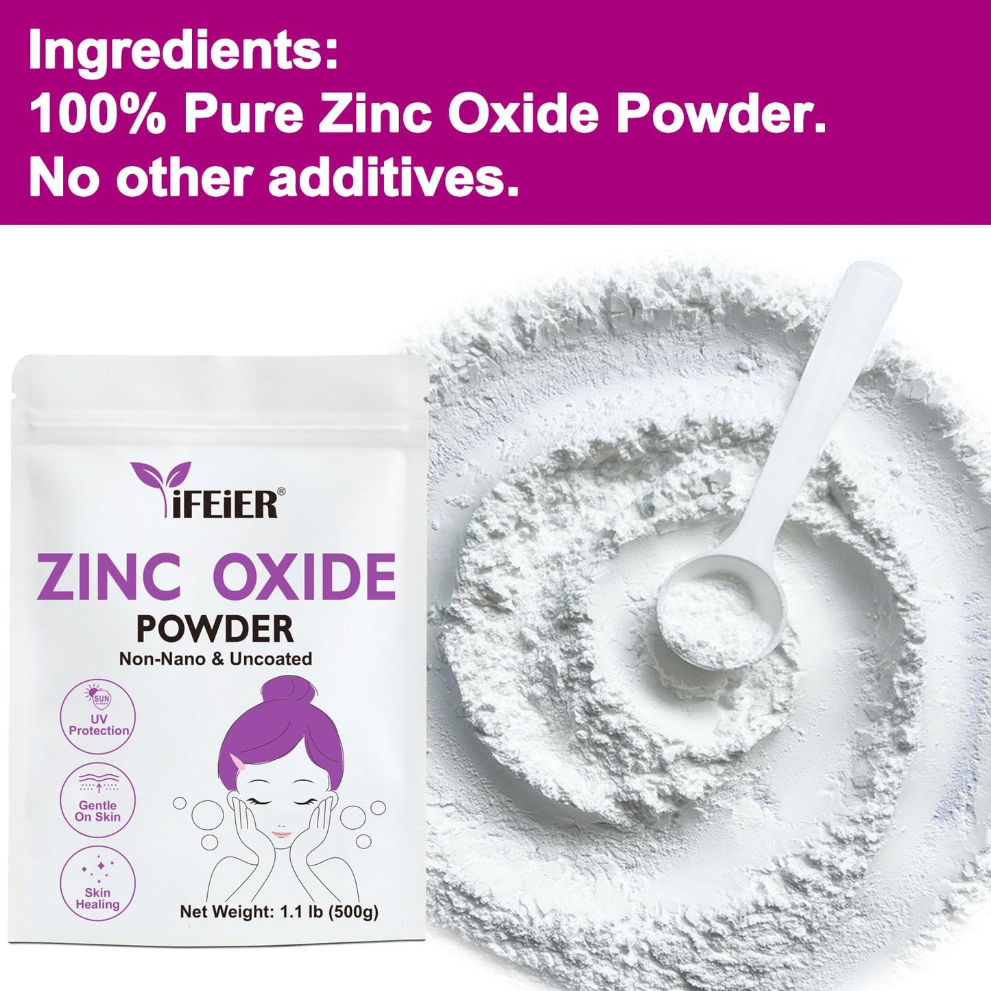 iFEiER Zinc Oxide Powder | 500g(1.1 lb) 100% Pure Non Nano Uncoted Zinc Oxide Powder for Skin Protection | Cosmetics Grade Ideal for DIY Sunscreen, Lotion, Deodorant, and Skincare