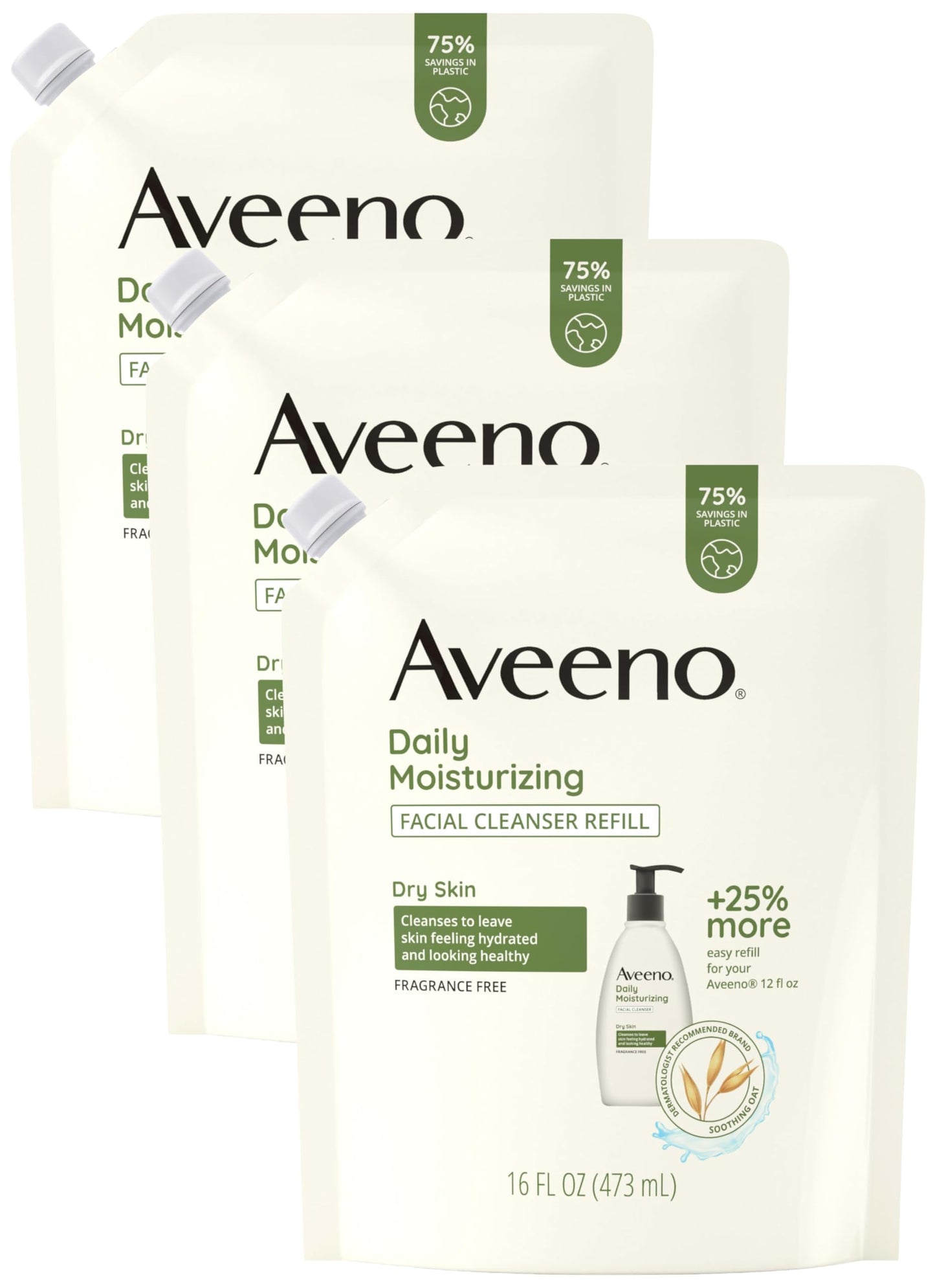 Aveeno Daily Moisturizing Facial Cleanser with Soothing Non-GMO Oat, Leaves Skin Feeling Hydrated, Soft & Supple, Paraben-, Sulfate-, Fragrance-, Dye- & Soap-Free, Refill Pouch, 16 fl. oz (Pack of 3)