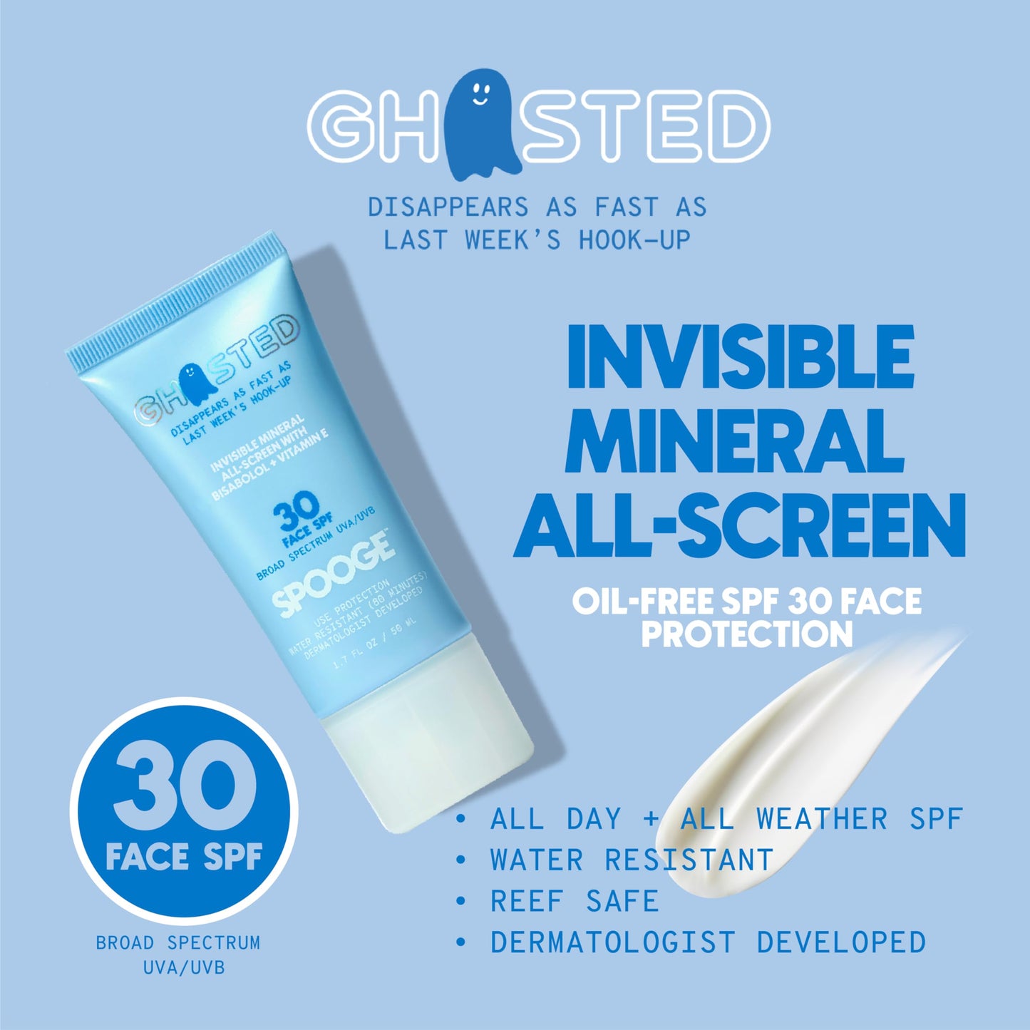 Spooge Ghosted | Mineral Sunscreen SPF 30 | Oil-Free Non Toxic Sun Care | Zinc Oxide Sunscreen | Water Resistant | Bisabolol Infused Formula | Dermatologist Developed | Reef Safe Sunblock | 1.7 oz