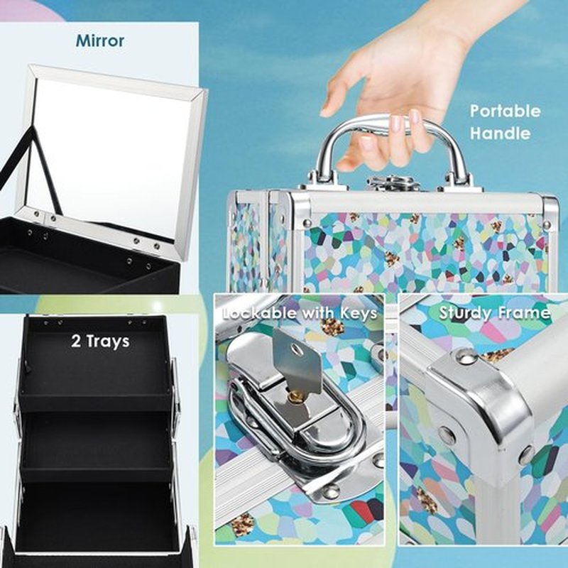 FRENESSA Makeup Train Case Cosmetic Case Organizer Portable Makeup Box 2 Trays with Mirror Makeup Organizer Case for Girls Makeup Supplies, Nail Kits, Crafts Sewing Travel Makeup Case Mosaic Puzzle