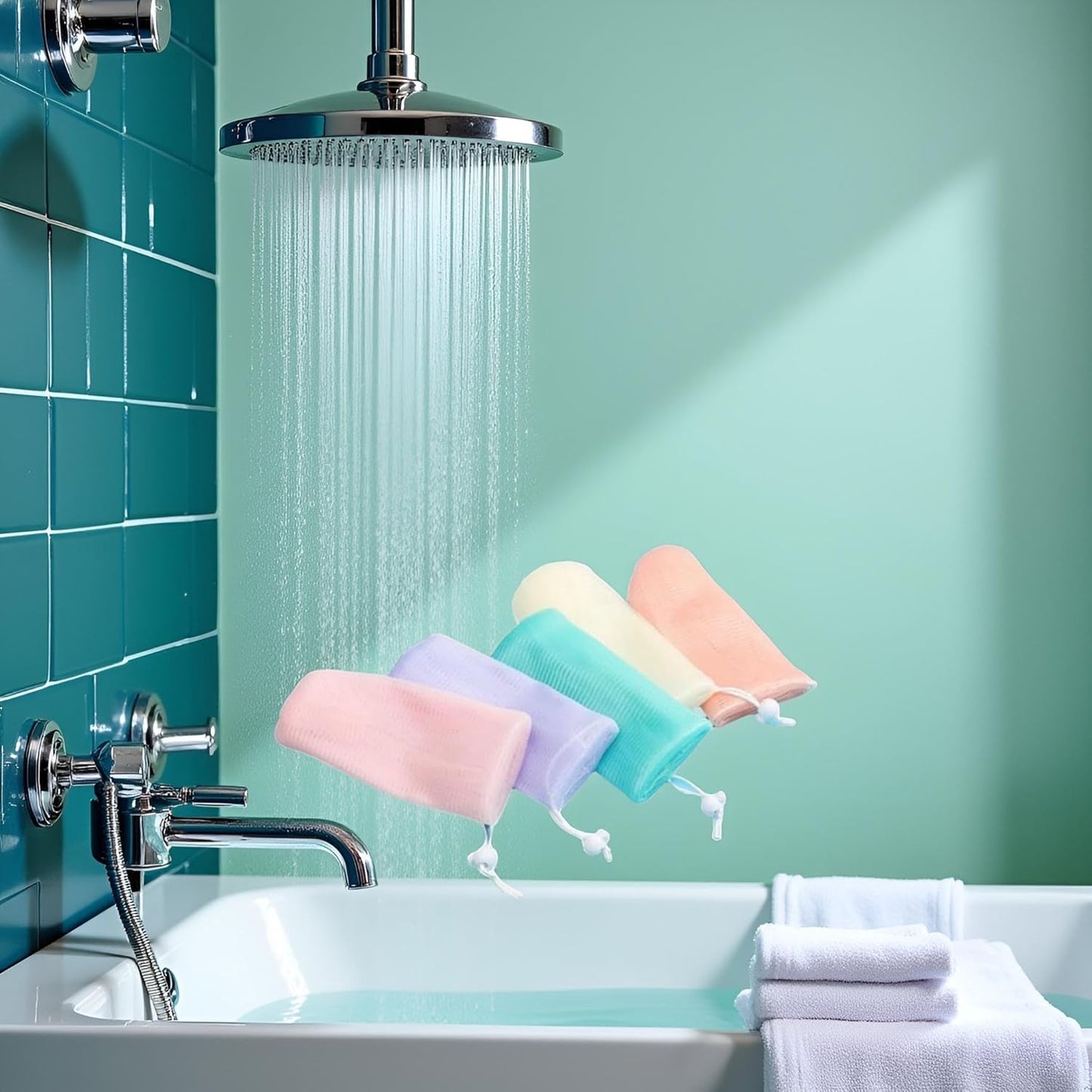5Pcs Exfoliating Mesh Soap Pouch Bubble Foam Net Bag for Shower Saver Pouch Drawstring Foaming Net Soap Bag for Body Facial Cleaning Tool, 5 Colors Used Repeatedly, Cleansers, Facial Cleansing Bars