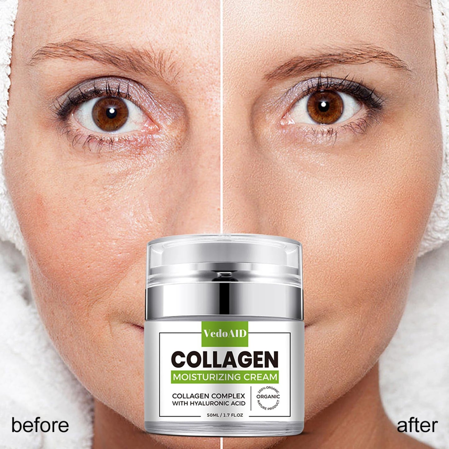 VedoAID Collagen Moisturizing Cream with Hyaluronic Acid, Deep Hydrating Anti-Aging Face Cream for Firming Skin, Day & Night Facial Moisturizer for Women & Men, 1.7 fl oz (50ml)