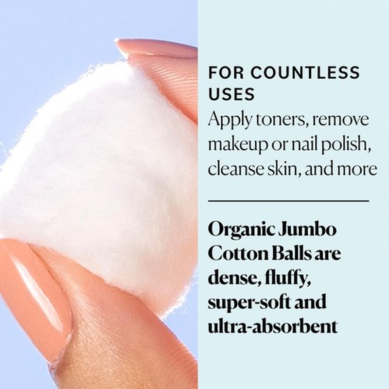 Sky Organics Organic Jumbo Cotton Balls for Sensitive Skin, 100% Pure Organic Cotton Sustainably Grown, Chlorine Free, Hypoallergenic, Ultra-Soft and Absorbent for Beauty & Personal Care, 100 ct