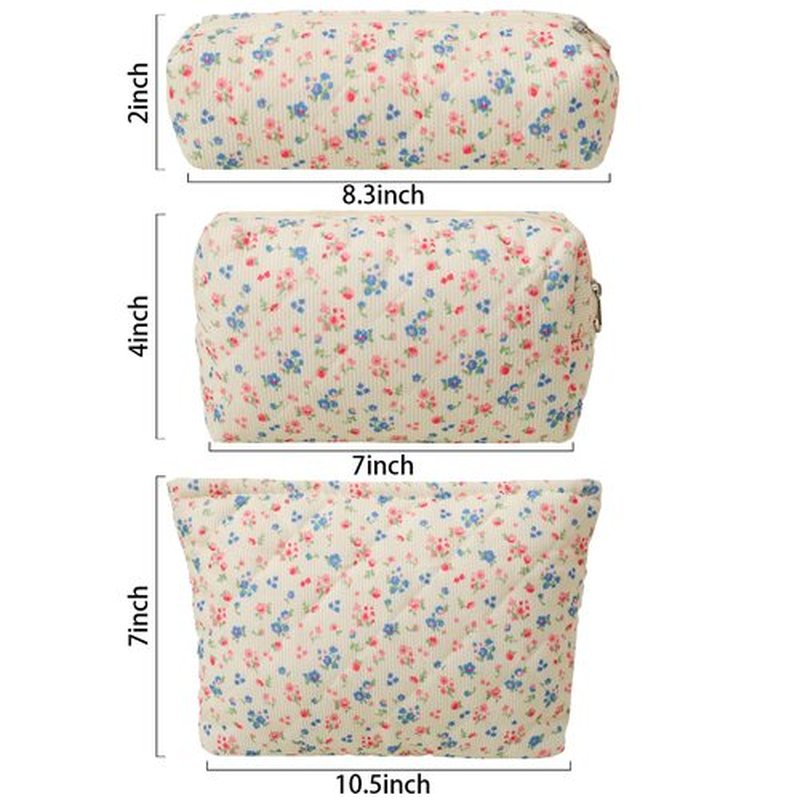 LYDZTION 3Pcs Makeup Bag Set, Large Floral Cosmetic Bag Quilted Makeup Bag Travel Makeup Bag Organizer Cute Makeup Brush Bag Travel Toiletry Bag for Women