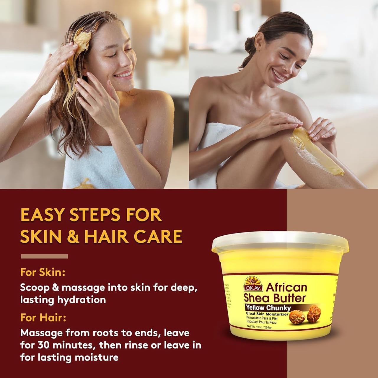 OKAY Raw African Shea Butter Yellow chunks10 oz – 100% Pure Unrefined Moisturizer for Face, Body & Hair – Deep Hydration for Dry Skin, Stretch Marks, Scalp Care & Hair Shine