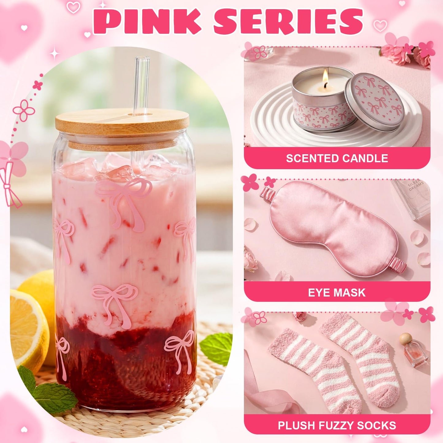 Jiuguva 12 Pcs Pink Bow Birthday Gifts for Women Teen Girls Spa Gift Basket for Graduation, Robe Eye Mask Socks Bracelets Earring Necklace Tumbler Makeup Bag Hair Clip Scented Candle with Box and Card