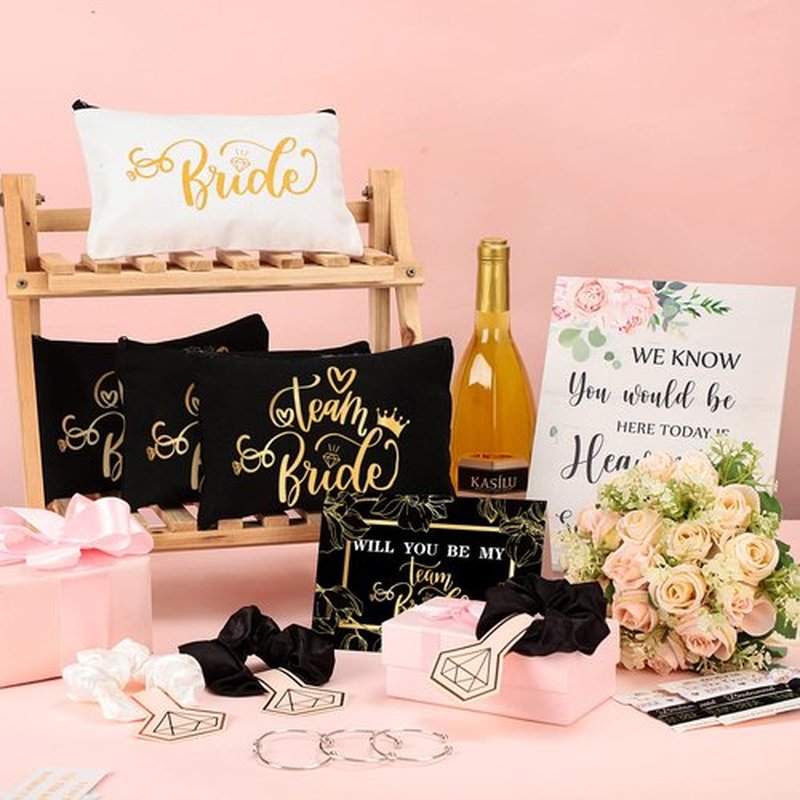 63 Pcs Bridesmaid Proposal Gifts Bulk Maid of Honor Gifts Matron of Honor Gifts Brides Bridesmaid Cosmetic Makeup Bag Hair Knotted Bracelets Invitation Cards for Wedding Bachelorette (Dark Style)