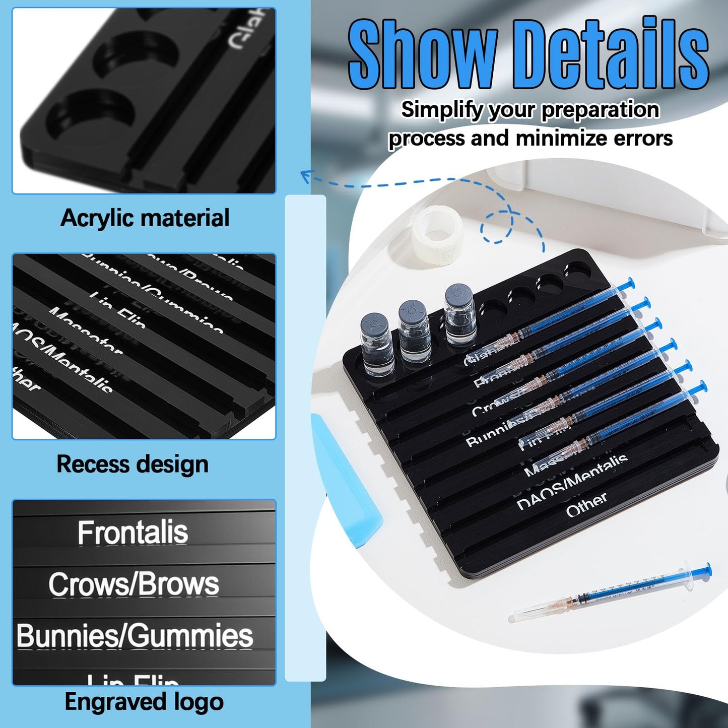 Chunful 2 Pcs Aesthetic Practitioner Syringe Tray with 8 Slots Label Acrylic Vial Holder Tray Combination for Aestheticians and Nurses Syringe Storage Organizer