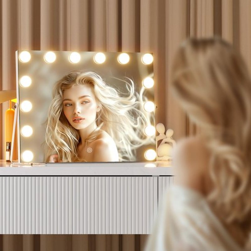 Hasipu Vanity Mirror with Lights, 17.7" x 13.8" Hollywood Mirror, Makeup Mirror with 14 Dimmable Bulbs and 10X Magnification, 3 Colors Modes, Touch Control, 360° Rotation, White