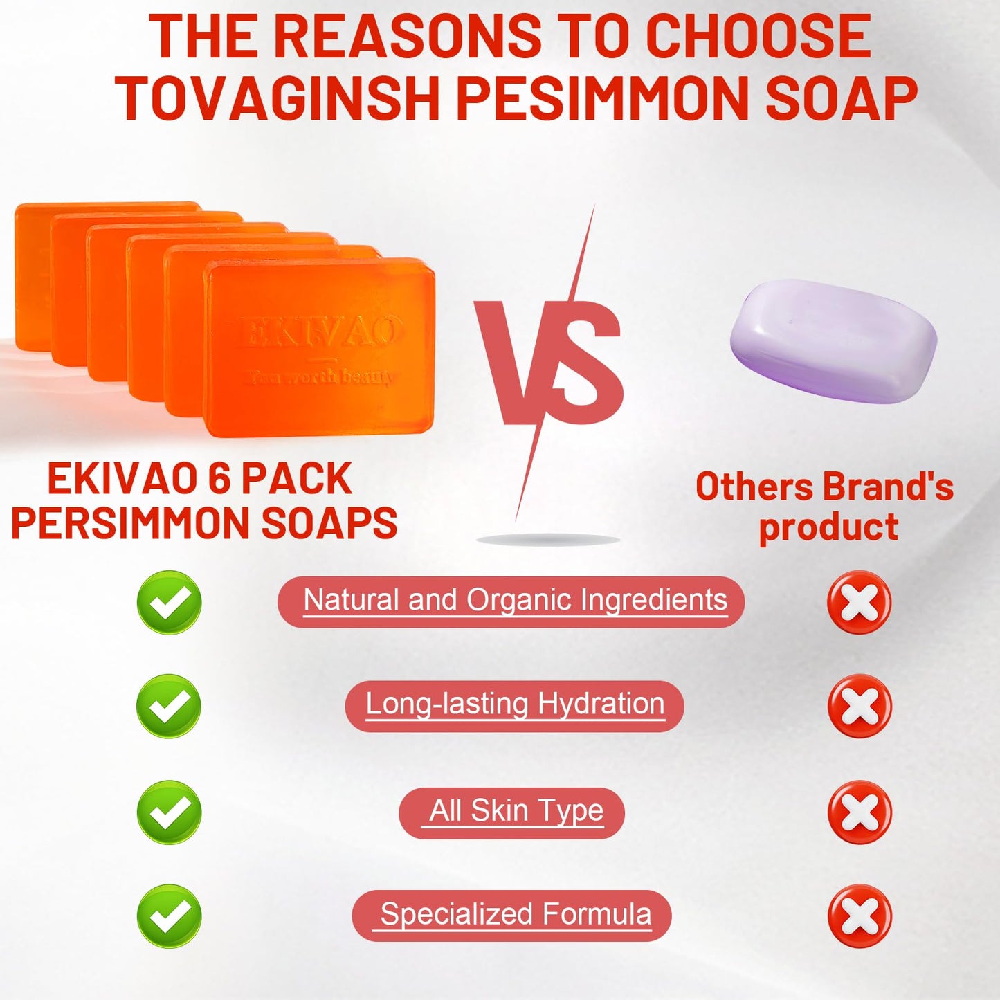 EKIVAO 6 PCS Persimmon Soap Bar for for Old People Smell, Natural Deodorant Body Bar Soap for Odor Control, Remove Strong Smell, Eliminating Odor Wash Soap for Women & Men
