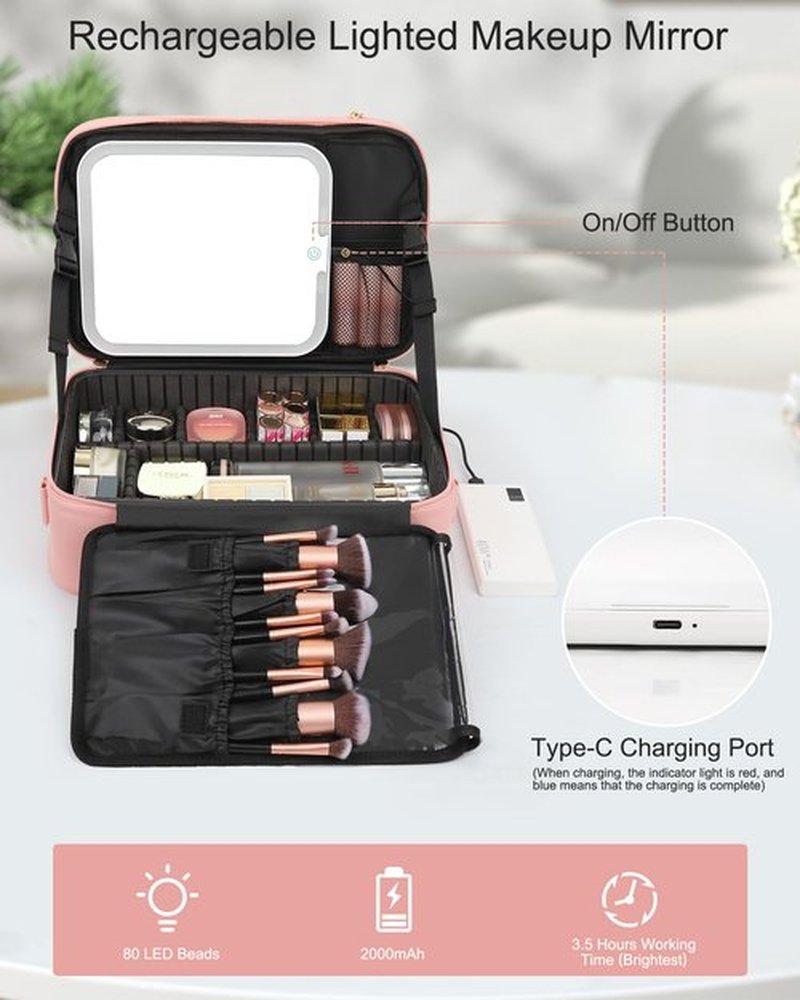 Relavel Makeup Bag with LED Mirror, Makeup Case with Lighted Mirror, Large Capacity Travel Cosmetic Train Case Organizer Box for Women, Dividers and Rechargeable Vanity Mirror (Pink)