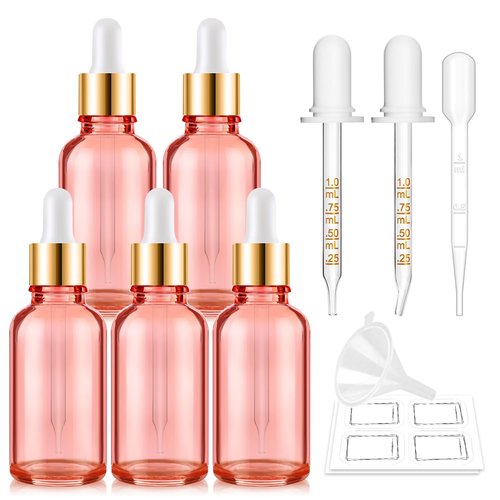 Bumobum Dropper Bottle 1 oz, 5 Pack Pink Glass Eye Dropper Bottles with Golden Lid for Essential Oils with 2 Measured Dropper 1 Funnel, 1 Pipette, 8 Labels, 30ml Leakproof Oil Dropper Bottle
