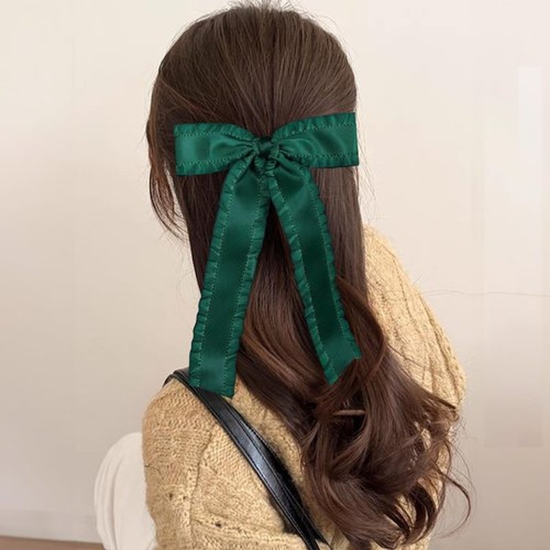 2PCS Hair Bows for Women Girls, Silky Satin Ruffle Tassel Hair Ribbon Bowknot Hair Clips Barrettes Hair Accessories for Girl with Long Tail Set Red,Dark Green 5.5inch