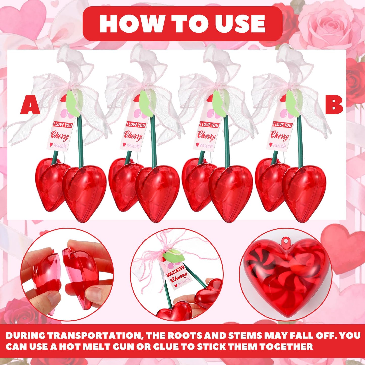 AceOrbit 12 Pcs Valentine's Day Cherry Plastic Heart Containers 4.7 Inch Red Cherry Shaped Filled Gift Candy Box with Cards Bow Valentine Hanging Ornament for Wedding Party Favor Exchange Supplies