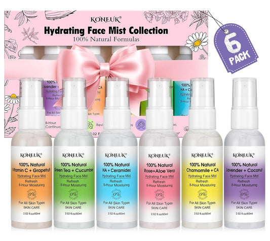 KONEUK Refreshing Face Mist Kit | Hydrating & Soothing Facial Spray for Glowing Skin | Travel Size 2.02 fl oz - 6 Pack