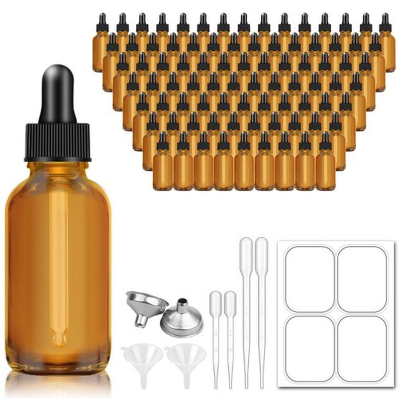 Bumobum 1oz Dropper Bottles for Essential Oils, 100 Pack 30ml Amber Glass Dropper Bottles with Eye Dropper, 10 Funnel and 10 Long Dropper, Empty Tincture Bottles for Travel, Home use