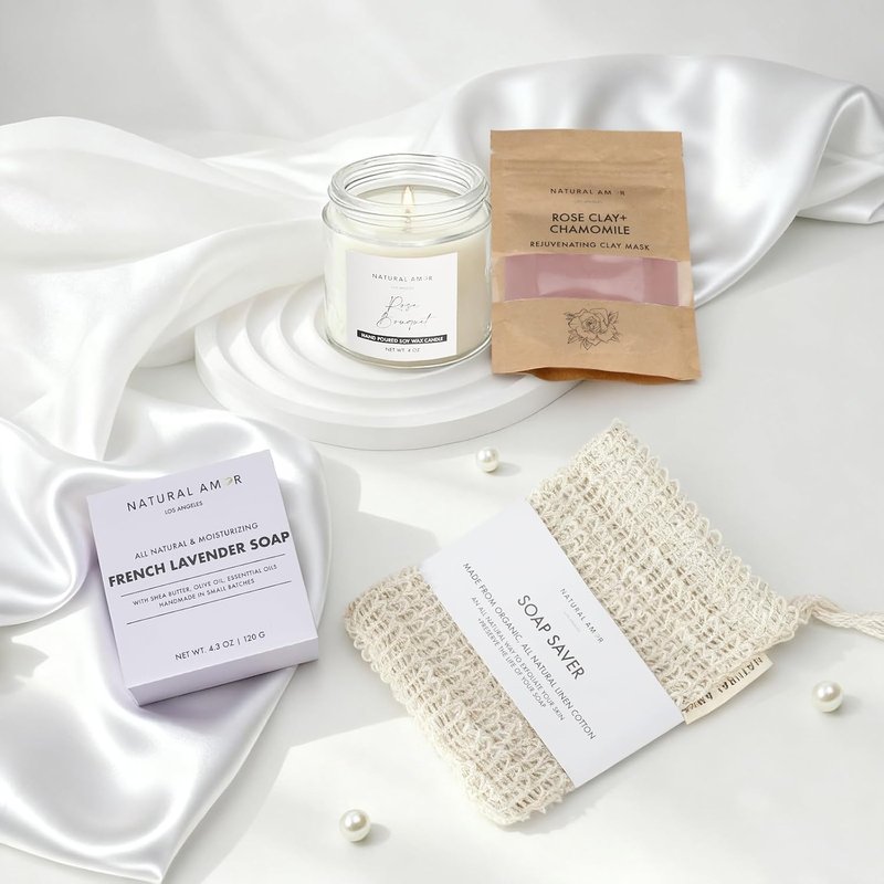 Spa Gift Set - 8-Piece Self-Care Box with Rose Clay Mask, Bath Bomb, Goat Milk Soap & Candle | Pink Ribbon Blanket