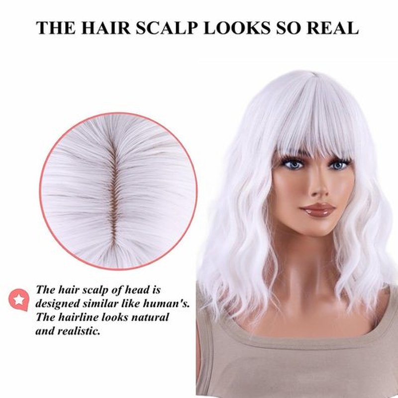 AneShe White Wig Short White Wavy Wig Curly Synthetic Hair Wig White Bob Wig with Air Bangs for Women Daily Wear Party Cosplay (14" White)