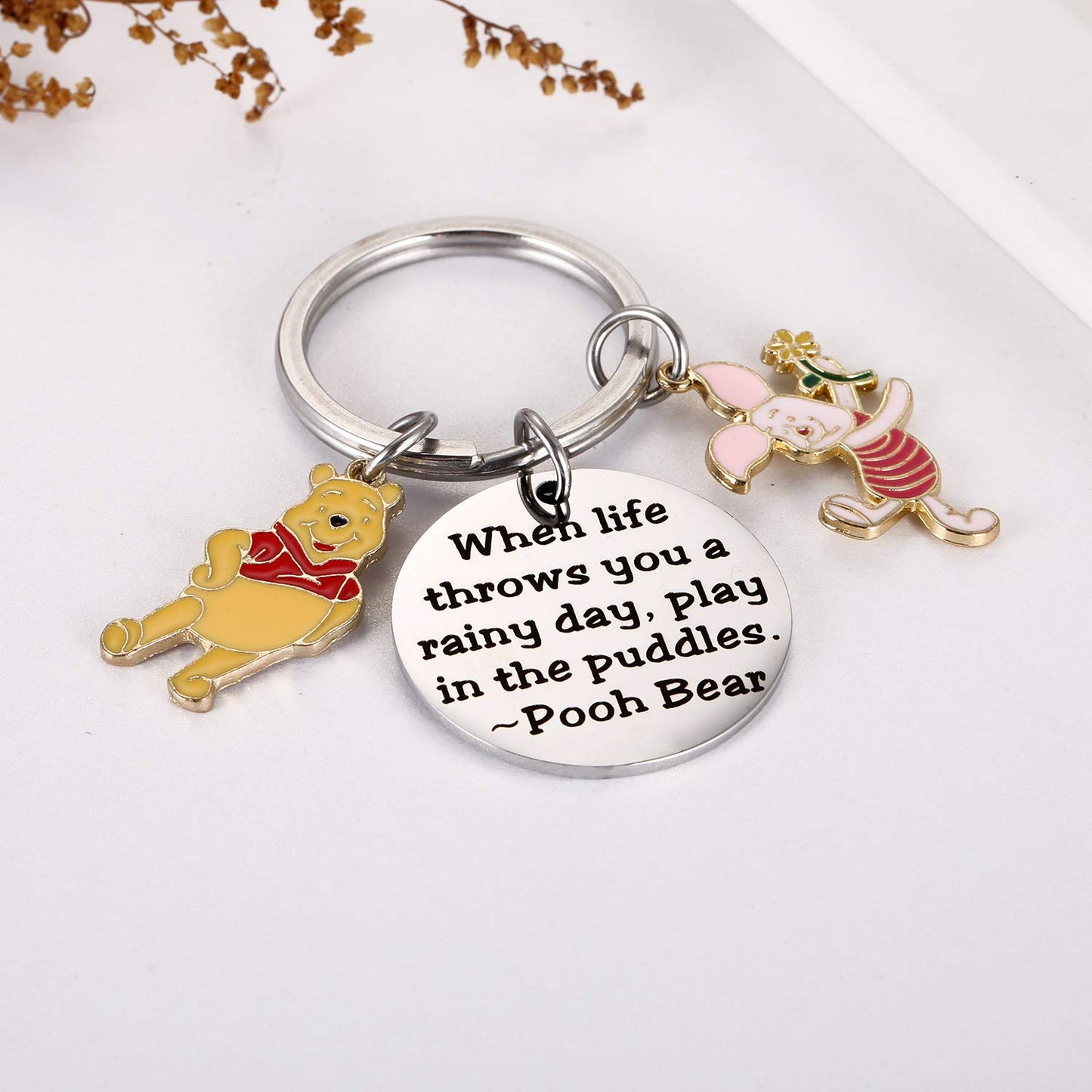 Ralukiia Pooh Bear Piglet Keychain Decor Party Suppiles - When Life Throws You a Rainy Day, Play in The Puddles Inspirational Gifts