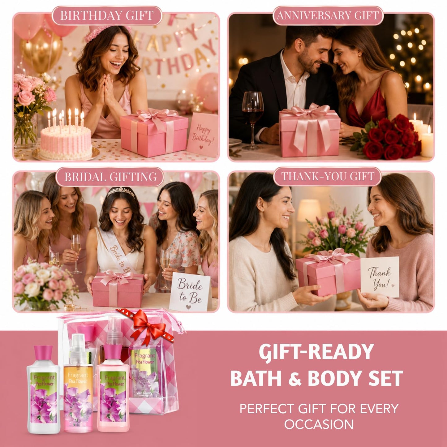 Bath and Body Gift Set, Pea Flower Fragance Gel, Lotion, Mist, Travel Size Spa Set With Natural Extracts - Body Care kit for Birthday Mother's Day Chirstmas Gifts