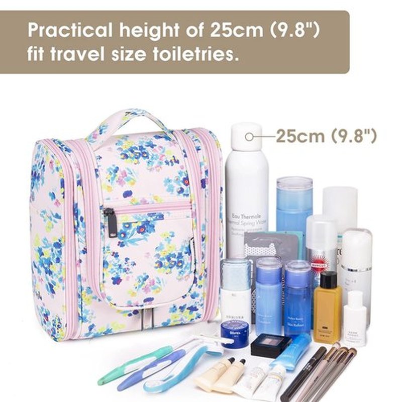 Narwey Small Hanging Travel Toiletry Bag Cosmetic Make up Organizer for Women and Men (Medium, Pink Flower)