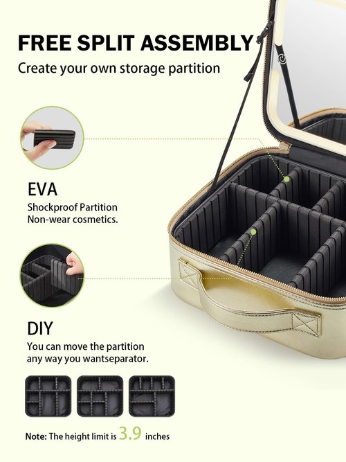 MIRRORNOVA Travel Makeup Bag with Lighted Mirror，Makeup Train Case with Adjustable Dividers and 3 Light Modes, PVC, Pale Gold