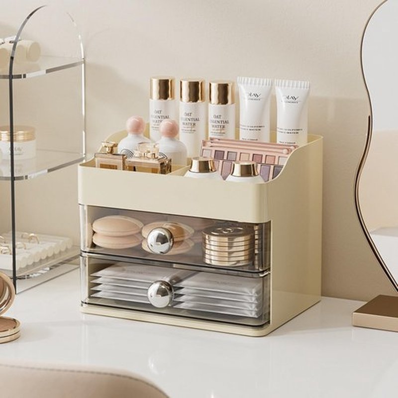 Makeup Organizer for Vanity,Vanity Organizer with 2 Drawers,Makeup&skincare Organizers Countertop,Cosmetic Display Case,Vanity Storage Box(Cream)