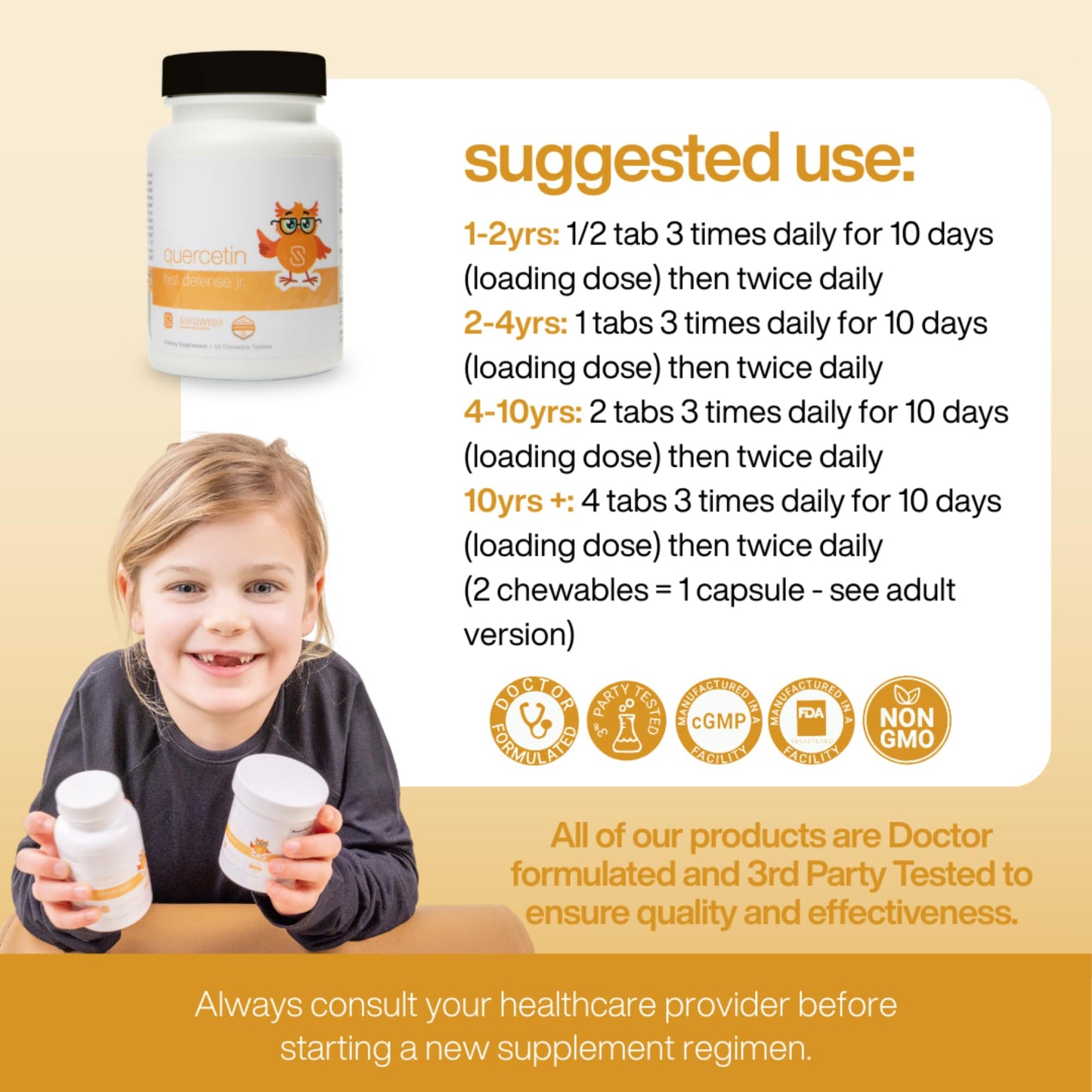 Serawise Quercetin Hist Defense Jr. By Dr. Ana Maria Temple | Natural Seasonal Support for Kids | With Quercetin, Stinging Nettle, Bromelain, NAC and Vitamin C | 60 Chewable Tablets