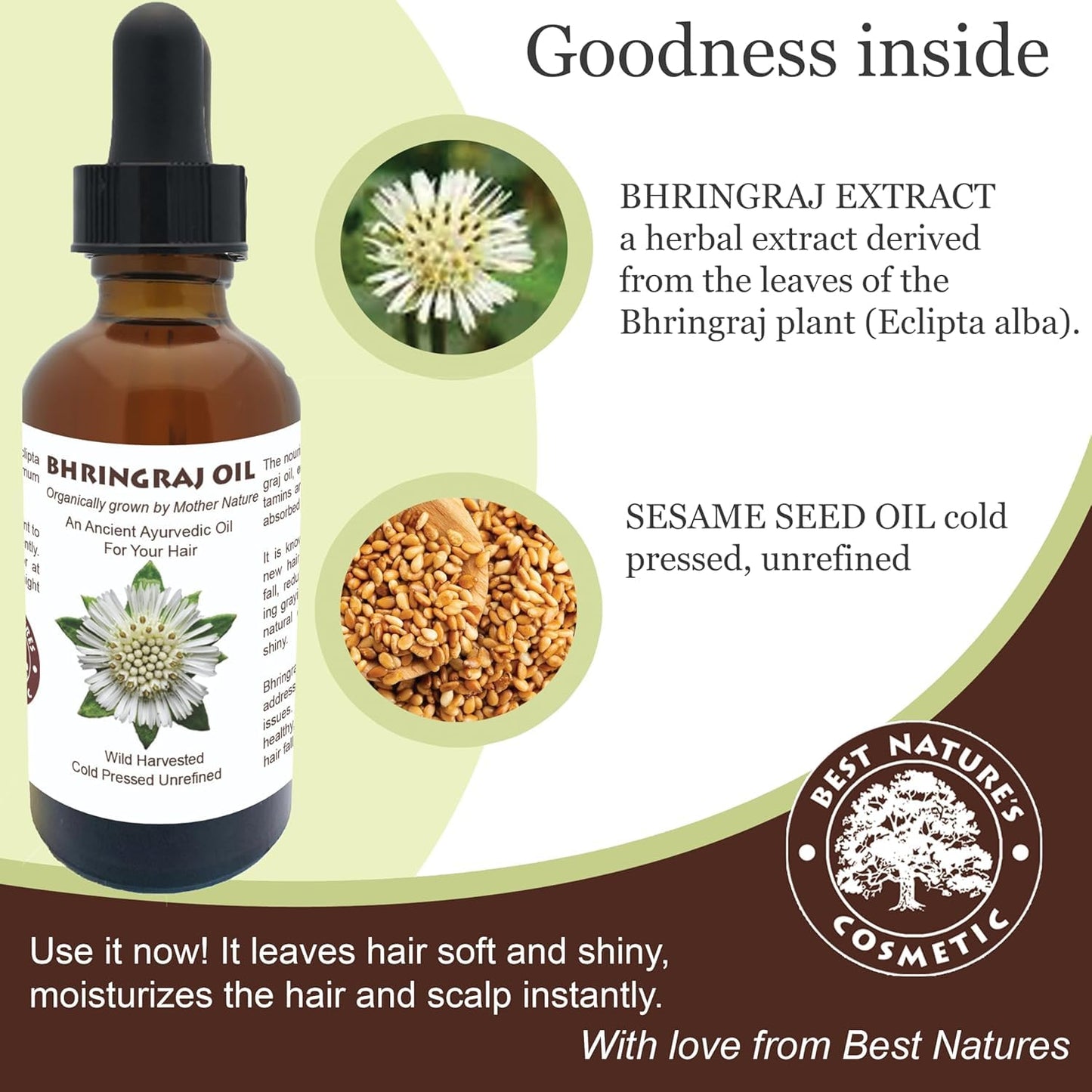 Best Natures Bhringraj Oil, Indian Eclipta Alba Oil, Pure and Natural, Cleans scalp, Improve overall appearance of hair. Goodbye Dandruff, For Graying, Hello Luminously shiny hair / 2 fl oz