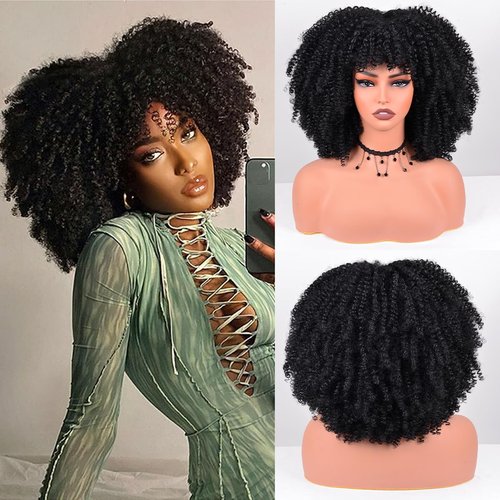 Vitorish Afro Curly Wig with Bangs 12 Inches Synthetic Afro Wigs for Women about 280g/Piece Heat Resistant Black Short Kinky Curly Wigs for Daily Party