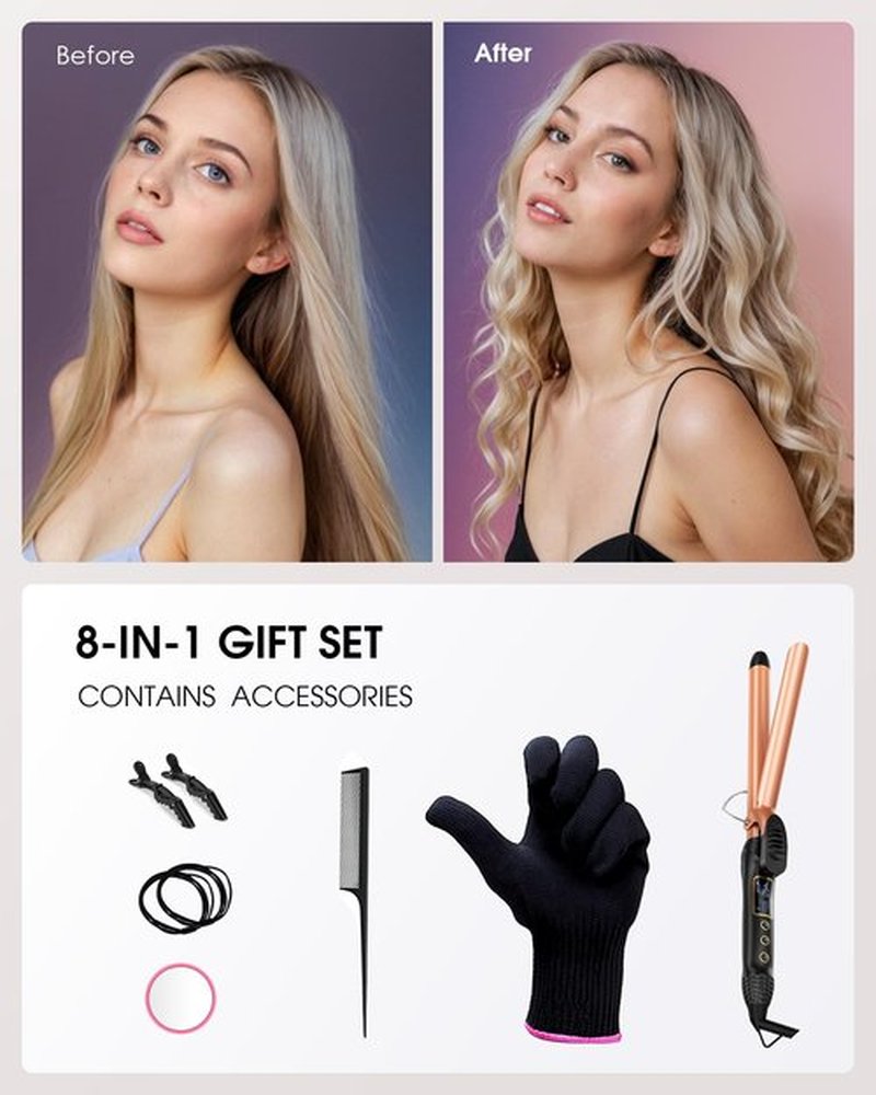 Vogewood 3/4 Inch 19mm Curling Iron, Ceramic Barrel Hair Curler for Medium & Long Hair with Adjustable Temperature, Fast Heat Up, Includes Heat Resistant Glove, 8-in-1 Gift Set