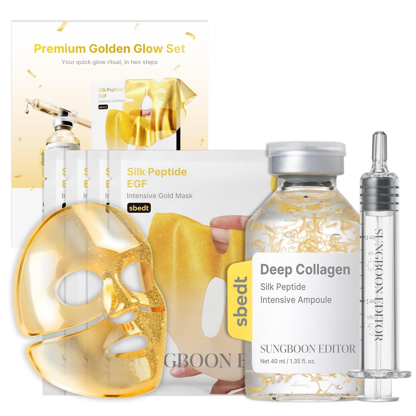 SUNGBOON EDITOR Premium Golden Glow Set, Silk Peptide Ampoule and Gold Mask Set with 24K Gold, Copper Peptides, 30 Peptides, Overnight Hydration and Radiance Care, Korean Skincare Gift Set
