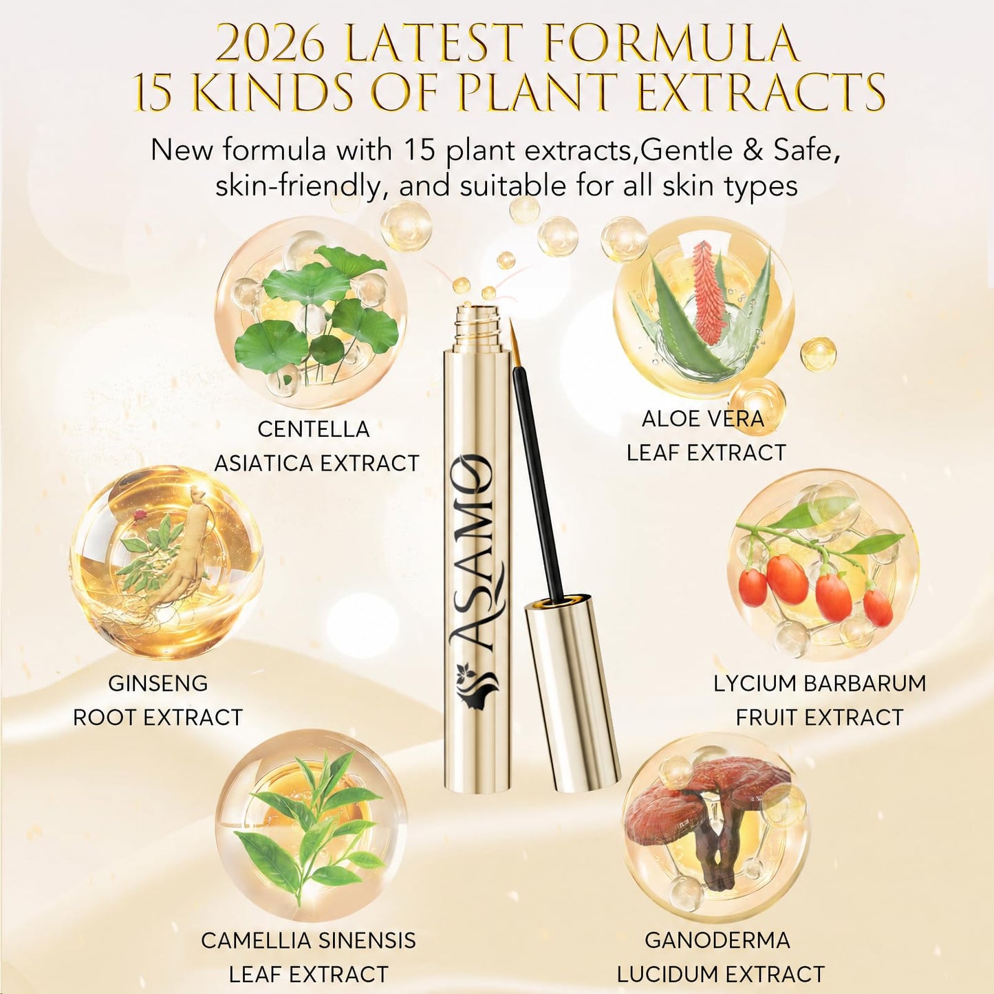 Eyelash Growth Serum – 15 Plant Extracts for Longer, Denser & Robust Lashes,Boosts Natural Lash Development,eyelash serum,Enhance Natural Beauty, Hypoallergenic Oil Free,lash growth serum（PURE GOLD）
