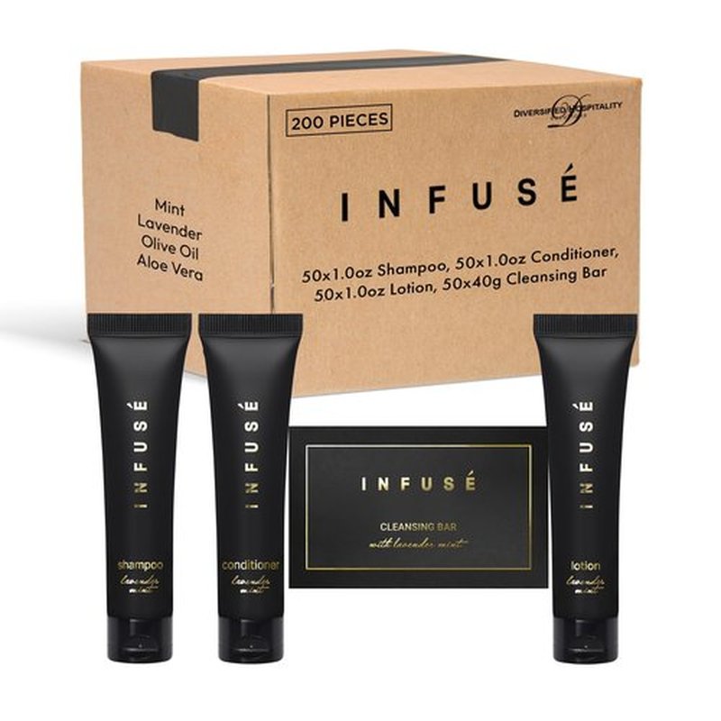 Infuse Black Hotel Soaps and Toiletries Bulk Set | 1-Shoppe All-In-Kit Amenities for Hotels & Airbnb | 1 oz Hotel Shampoo & Conditioner, Lotion, 1.25 oz Cleansing Bar Travel Size | 200 Pieces