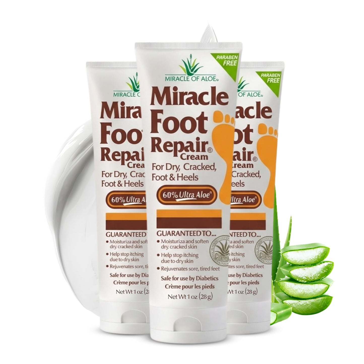 Miracle Foot Repair Cream (8 oz & 1 oz) Repairs Dry Cracked Heels and Feet, 60% Pure UltraAloe Moisturizes, Softens, and Repairs
