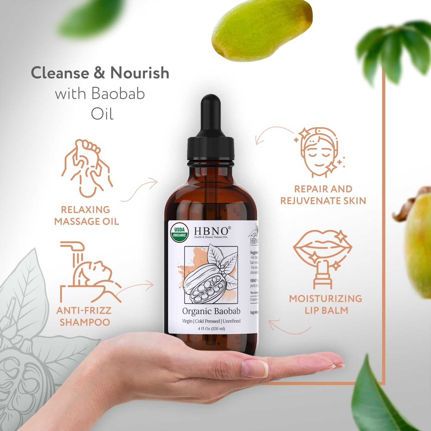 HBNO Organic Baobab Oil - 4 OZ (120 ml) Value Size - Natural Baobab Oil, Cold Pressed - Perfect Carrier Oil for Massage, Aromatherapy, DIY, Soap Making, Face, Body, Lips, Hair, Nails