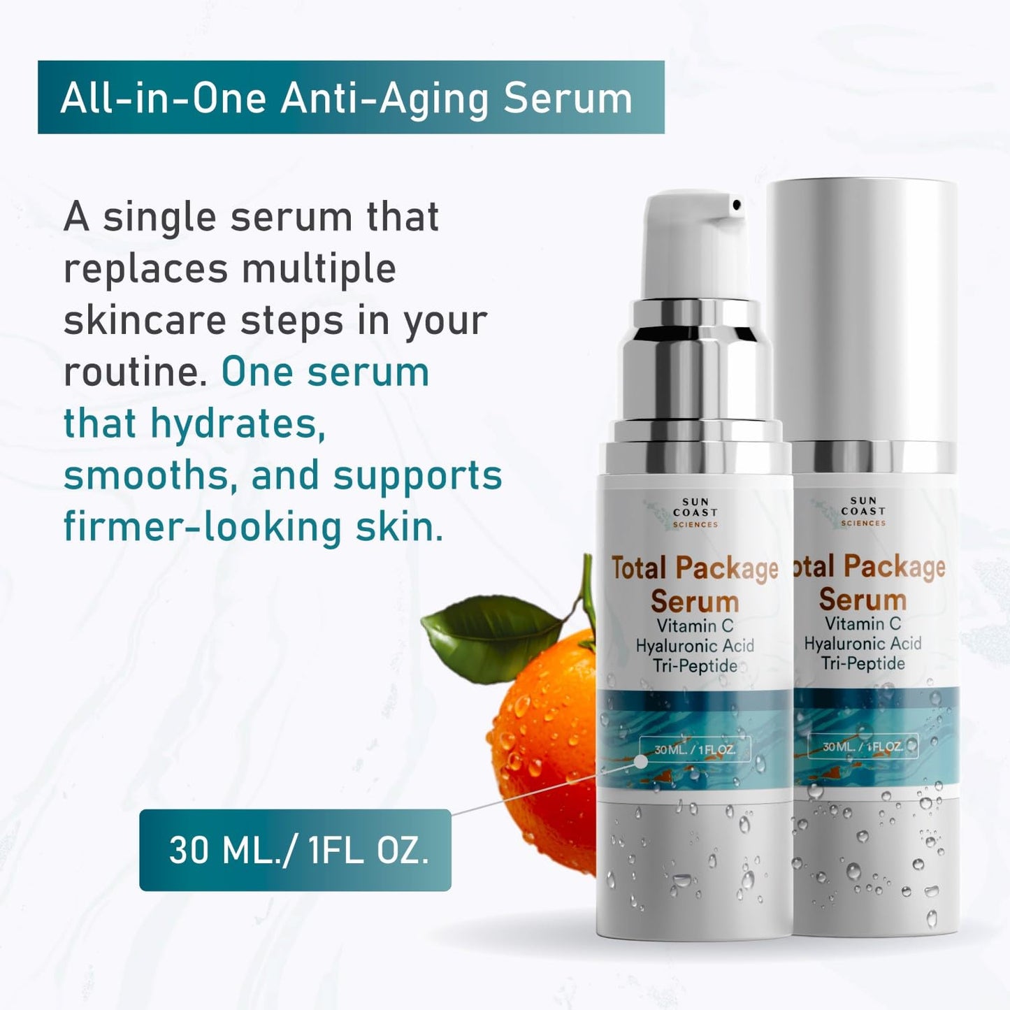 Sun Coast Sciences - Total Package Serum - Vitamin C Serum with Hyaluronic Acid & Peptides for Face - Hydrating Anti Aging Face Serum for Smoother, Firmer Looking Skin - 1 Fl Oz (Pack of 1)