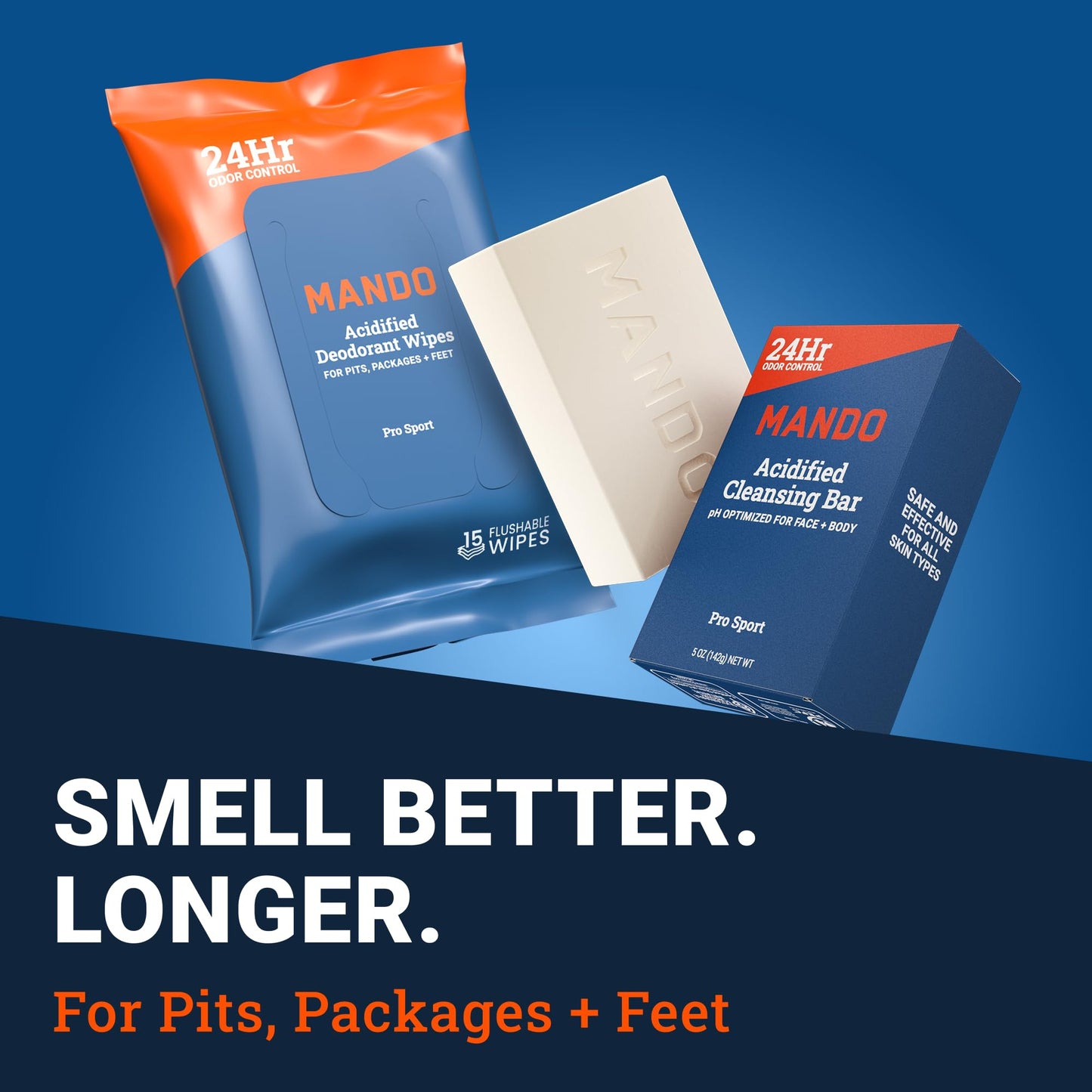 Mando Whole Body Deodorant 3 Piece System - 2.6 oz Smooth Solid Stick, 5.0 oz 4in1 Acidified Cleansing Bar, & 15 ct Deodorant Wipes - Aluminum & Baking Soda Free Odor Control - 3 pc Bundle (Pro Sport)