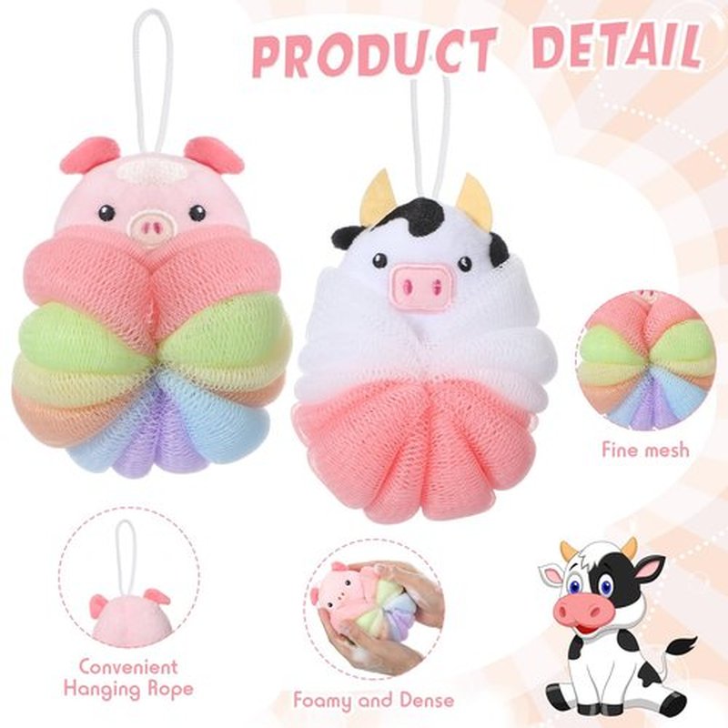 Nuenen 2 Pcs Bath Loofahs Kids Toddler Body Loofahs Cute Cartoon Kids Loofah Kid Bath Sponges Loofah Bath Pouf Body Scrubber Mesh Loofah Sponges for Children Shower Washing (Calf, Pig)